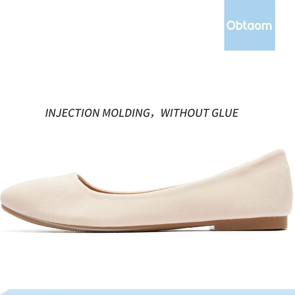 Obtaom Women Beige Faux Suede Textile Rounded Toe Slip on Ballet Flats Shoes - Picture 2 of 7